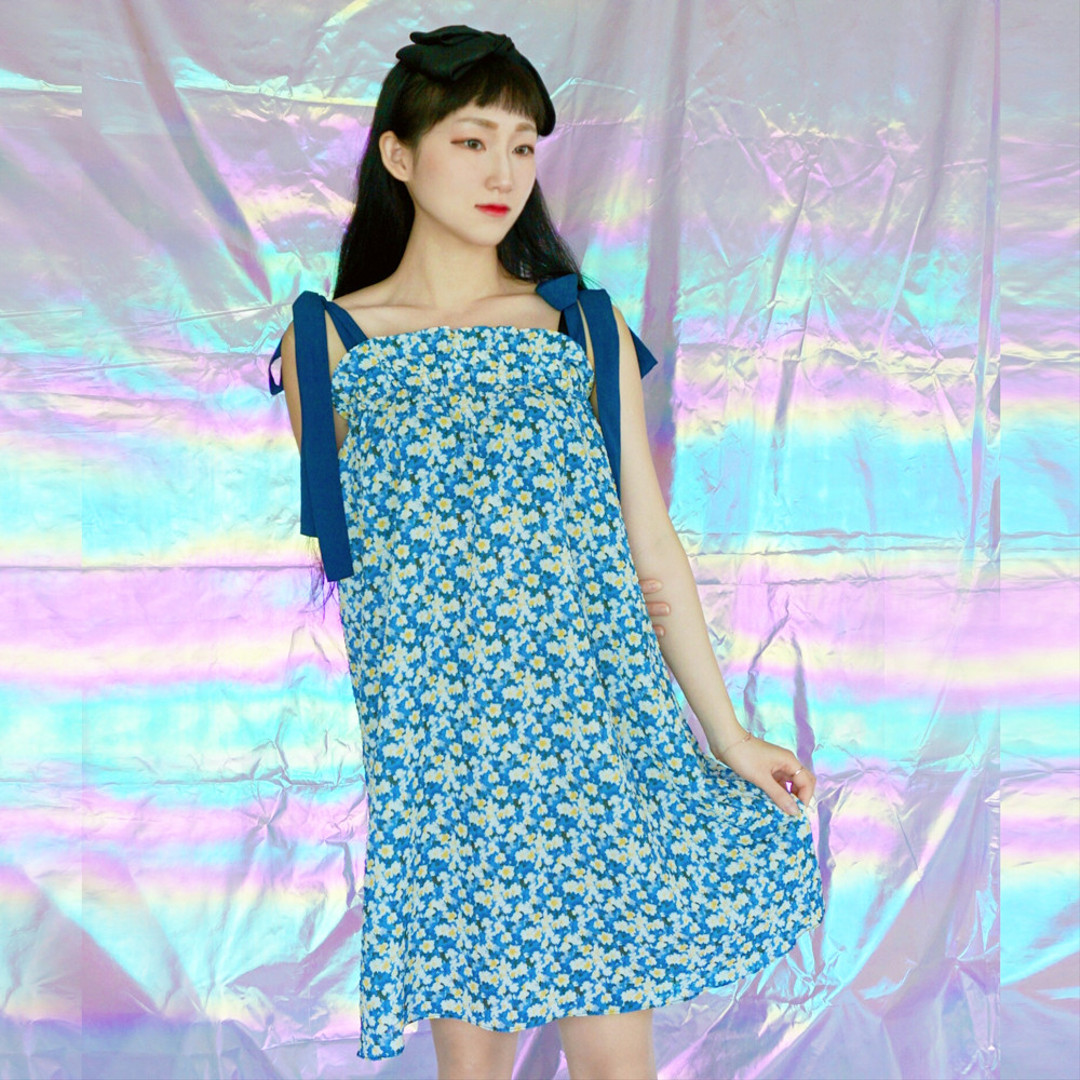 Blue Flower Bustier One-piece Dress Korea Fashion Clothes Style