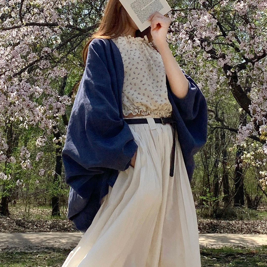 Unisex navy linen batwing sleeve robe cardigan | idus