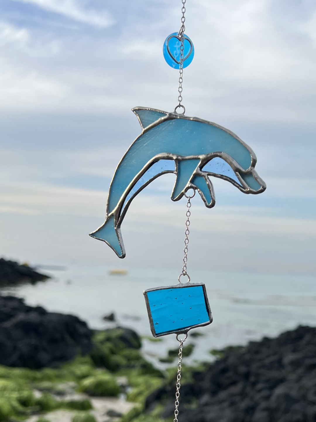 ステンドグラス イルカモチーフのサンキャッチャーパネル ステンド