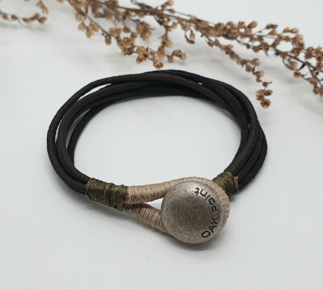 [5colors] Matte antique silver button with 5-lines leather string ...